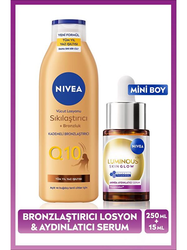 NIVEA Luminous630 Skin Glow Anında Aydınlatıcı Serum 15ml ve Q10 Sıkılaştırıcı Brozluk Vücut Losyonu 250ml