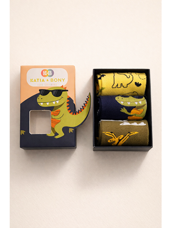 Katia And Bony Çocuk 3D Dinozor Desenli Kutulu 3'Lü Soket Çorap
