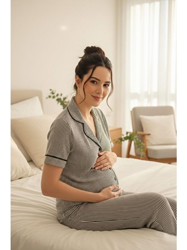 MİSS DÜNYA LİSSA Pure Comfort Önden Düğmeli Gömlek Yaka Çizgili Kısa Kol Hamile ve Lohusa Pijama Takımı