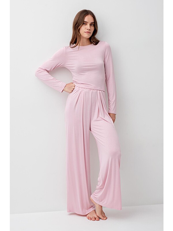 Artış Uzun Kollu Crop Bol Paça Esnek Elastanlı Viskoz Soft Pijama Takım 18210
