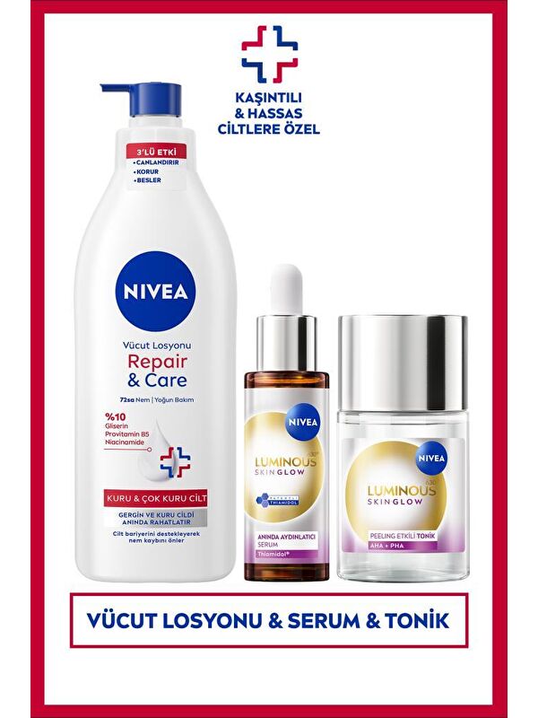 NIVEA Aydınlatıcı ve Nemlendirici Cilt Bakım Seti, Serum 30ml, Tonik 100ml ve Vücut Losyonu 400ml