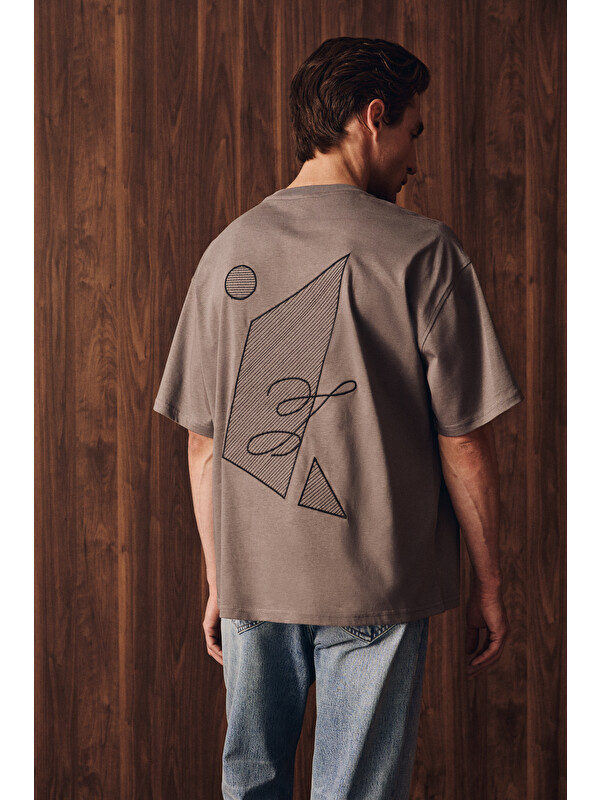 GRIMELANGE ASELA Erkek Ön Ve Arkası Nakış Detaylı Kısa Kollu GRİ T-Shirt