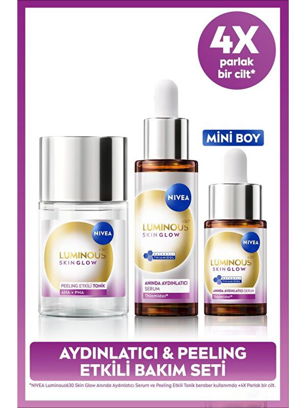 NIVEA Luminous630 Skin Glow Anında Aydınlatıcı Serum Seti ve Peeling Etkili Tonik 100ml, Eşit Cilt Tonu
