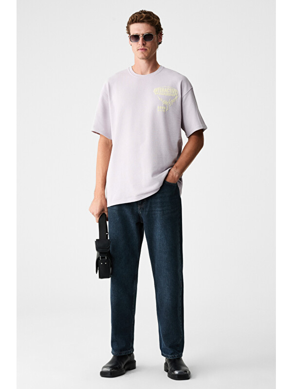 GRIMELANGE LORENNO Erkek Göğüs Baskılı %100 Organik Pamuklu Bisiklet Yaka LİLA T-Shirt