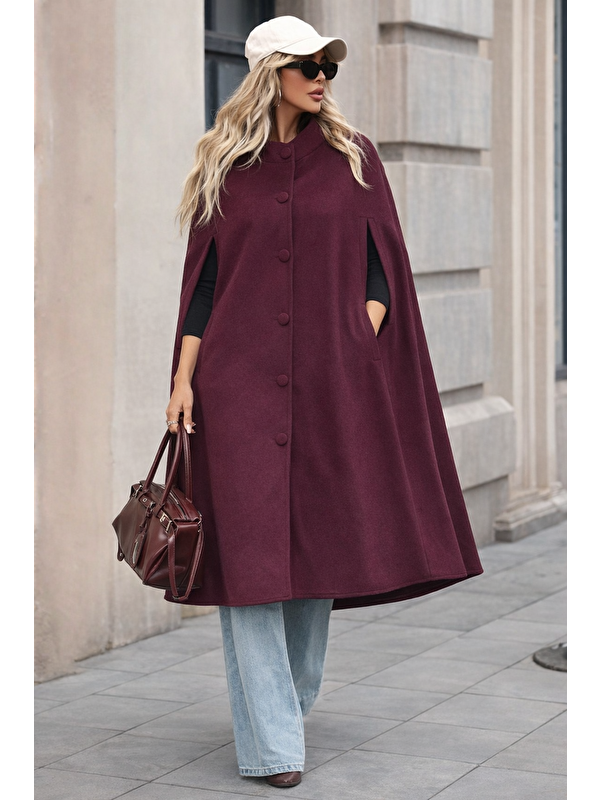 Comstar Kadın Düğmeli Premium Comfort Bordo Kaşe Panço