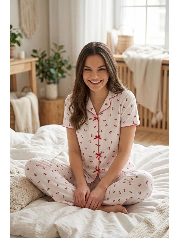 C&City Fiyonk Detay Yumuşak Kısa Kol Pijama Takım Kiraz