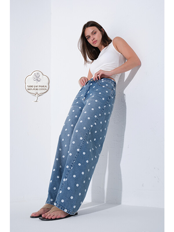 Maule puantiye Desen  %100 Pamuk Yüksek Bel Rahat Kesim Jean Barrel kadın Pantolon @Honover