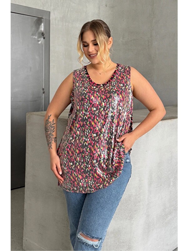 Stil Diva Büyük Beden V Yaka Desenli Payet İşlemeli Kolsuz Bluz 302386