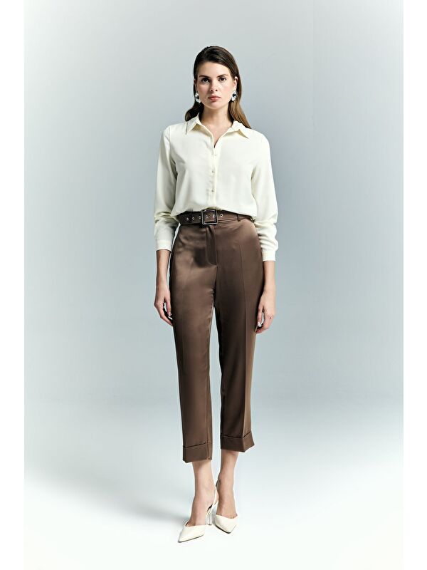 SATEEN Lisa Saten Duble Paça Pantolon - Kahve