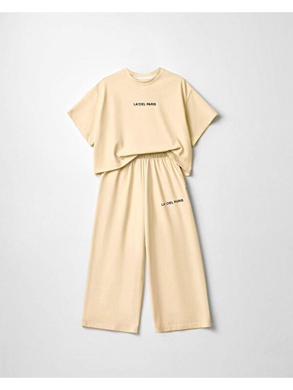 Magu Kız Çocuk Pamuklu Bej Baskılı T-Shirt Pantolon Takım - Bol Kesim Rahat Set