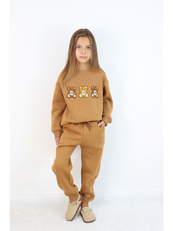 Harika Kids Kız Çocuk 3'lü Ayıcık Nakışlı 3 İplik Oversize Şardonlu Takım