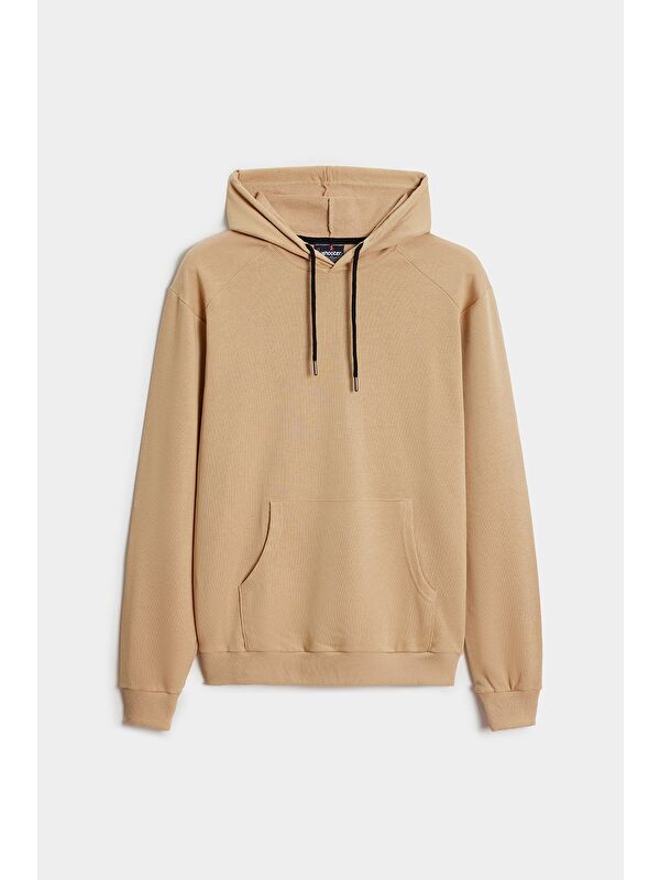 Shooter Sportswear Açık Bej Erkek Kapüşonlu Kanguru Cepli Düz Rahat Kalıp Sweatshirt
