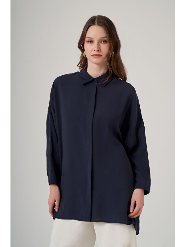 Nuss Oversize Basic Yazlık Gömlek 3001 Navy Lacivert