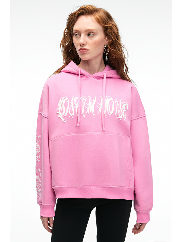GRIMELANGE ALIRAYNE Kadın Baskılı Oversize Kapüşonlu Kanguru Cep PEMBE Sweatshirt