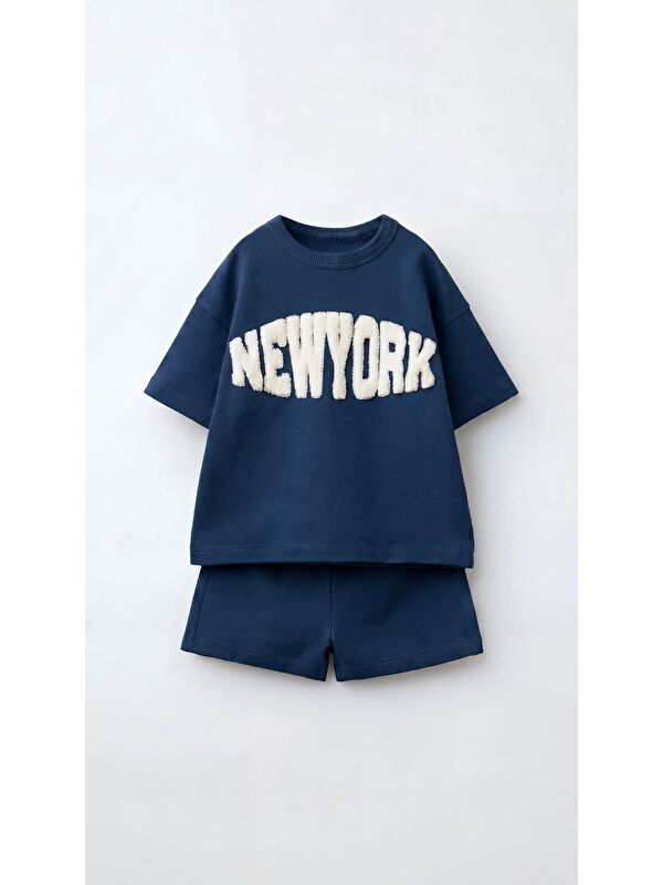 Magu Erkek Çocuk Pamuklu Mavi New York Yazı Aplikeli T-Shirt Şort Takım