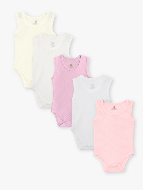 Luggi Baby Bisiklet Yaka Pamuklu Kız Bebek Jakarlı Çıtçıtlı Body 5'li (Yenidoğan - 5 Yaş)