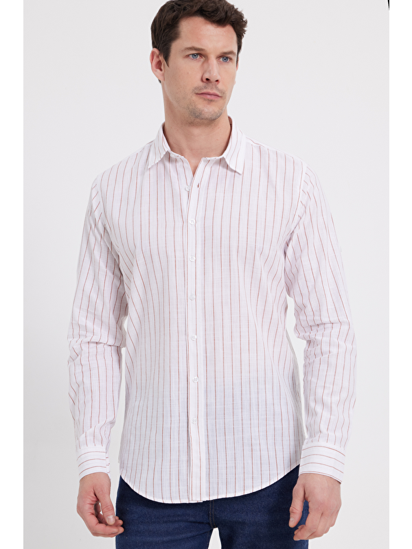 TUDORS Erkek Slim Fit Dar Kesim Uzun Kollu %100 Pamuk Keten Doku Çizgili Gömlek