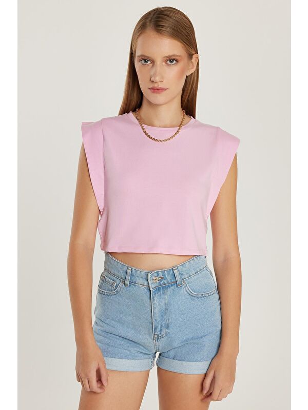 TUDORS Kadın Slim Fit Dar Kesim Sıfır Kollu Bisiklet Yaka Pembe Bluz