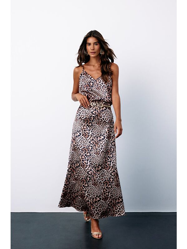 SATEEN Leopar Desenli Saten Etek - Vizon