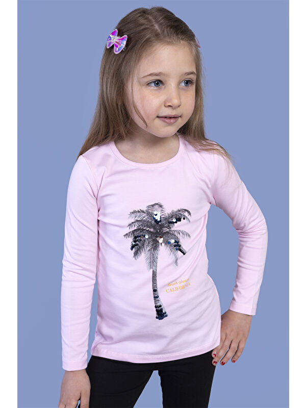Toontoykids Kız Çocuk Palmiye Baskılı Pul İşlemeli Tişört