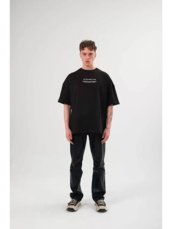 Jane's Unisex Bisiklet Yaka Baskılı Oversize T-Shirt - Siyah