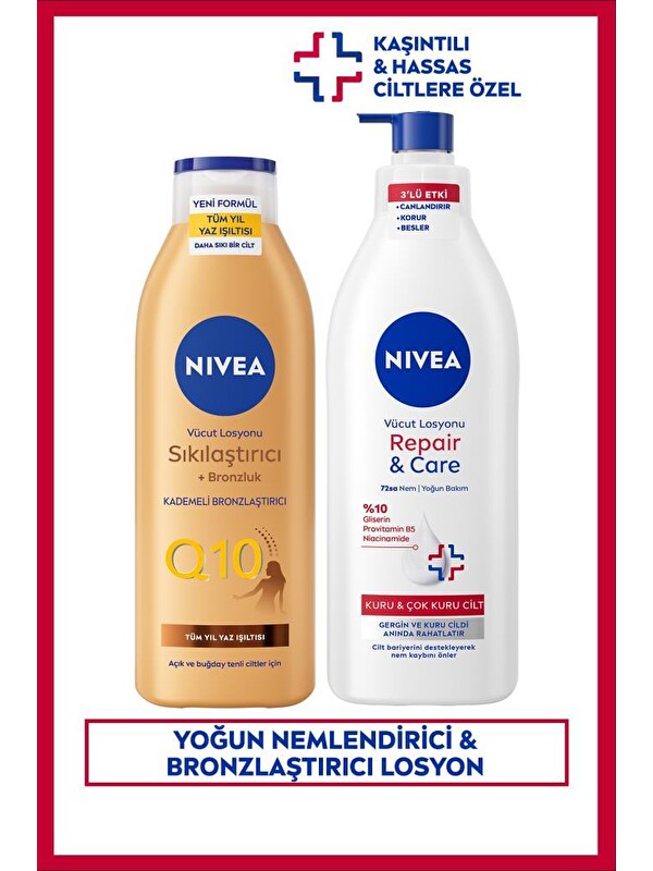 NIVEA Repair&Care Nemlendirici Vücut Losyonu 400ml ve Sıkılaştırıcı Bronzluk Losyon 250ml, Kaşıntılı Cilt
