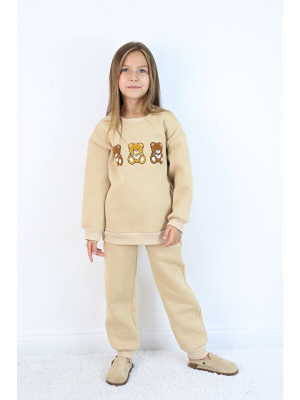 Harika Kids Kız Çocuk 3'lü Ayıcık Nakışlı 3 İplik Oversize Şardonlu Takım