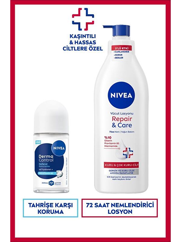 NIVEA Kadın Roll-on Deodorant Derma Control Defend 50ml ve Repair&Care Nemlendirici Vücut Losyonu 400ml