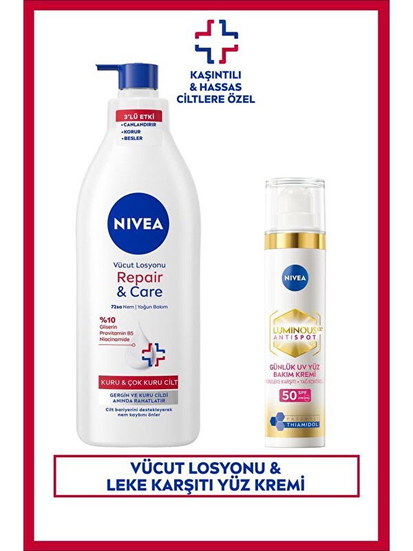 NIVEA Repair&Care Nemlendirici Vücut Losyonu 400ml ve SPF50 Luminous630 Leke Karşıtı Gündüz Yüz Kremi 40ml