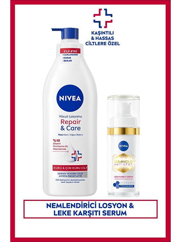 NIVEA Repair&Care Nemlendirici Vücut Losyonu 400ml ve Luminous630 Leke Karşıtı Cilt Serumu 30ml