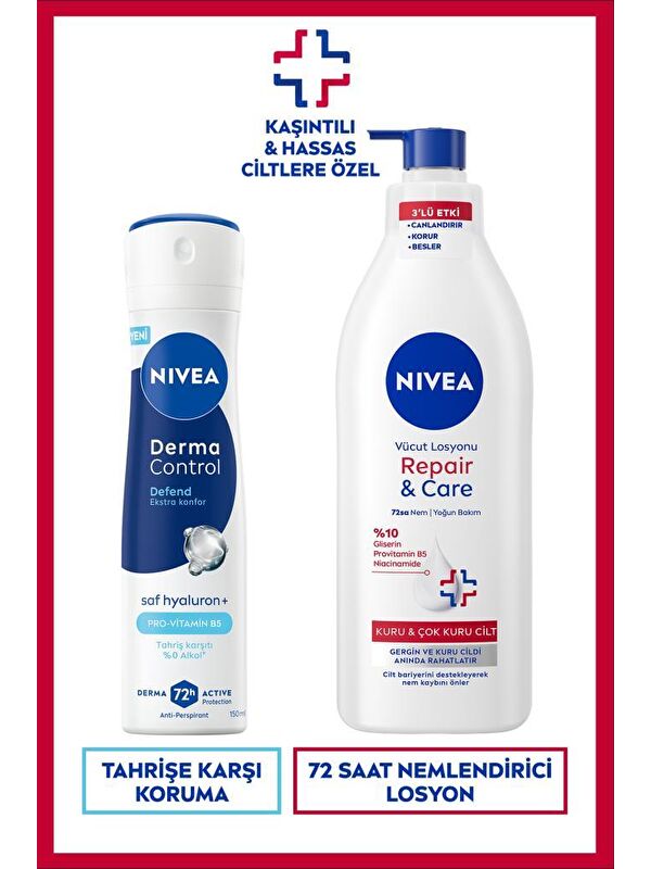 NIVEA Kadın Sprey Deodorant Derma Control Defend 150ml ve Repair&Care Nemlendirici Vücut Losyonu 400ml