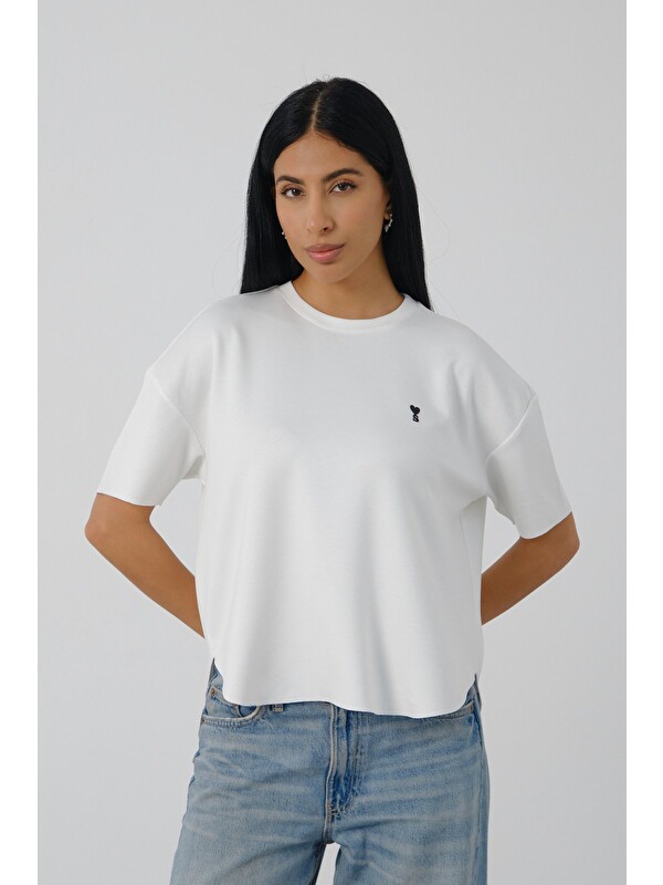 Shooter Sportswear Ekru Kadın Oversize Boxy T-Shirt Bisiklet Yaka Rahat Kalıp Tişört