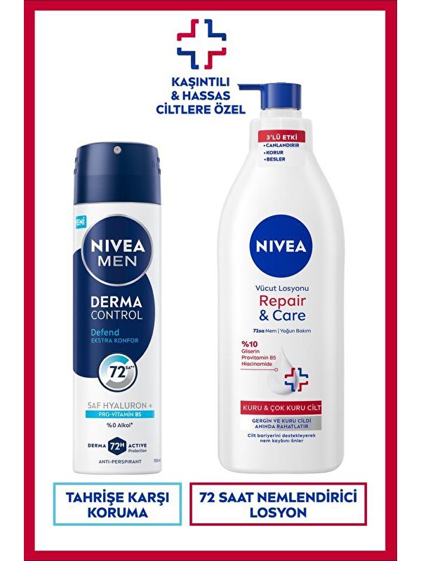 NIVEA MEN Erkek Sprey Deodorant Derma Control Defend 150ml ve Repair&Care Nemlendirici Vücut Losyonu