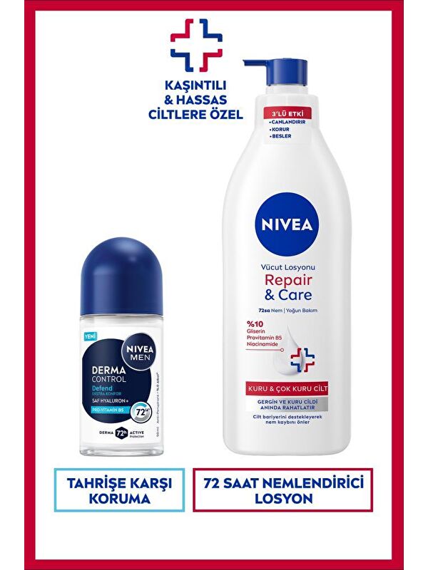 NIVEA MEN Erkek Roll-on Deodorant Derma Control Defend 50ml ve Repair&Care Nemlendirici Vücut Losyonu
