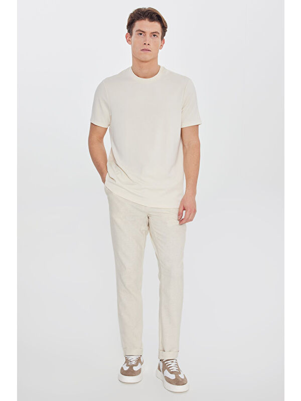 Altınyıldız Classics Erkek Bej Pamuklu Slim Fit Dar Kesim Beli Bağlamalı Yan Cepli Esnek Pantolon
