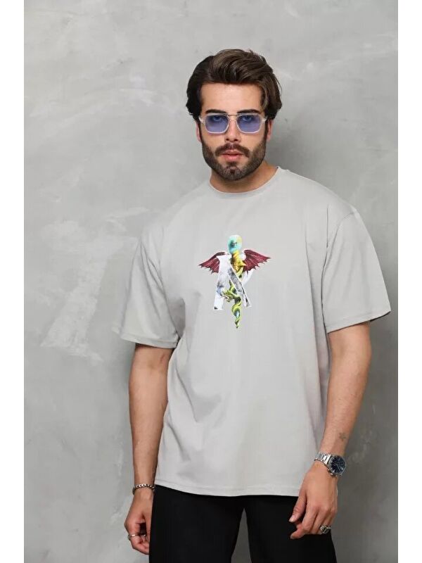 Jane's Unisex Bisiklet Yaka Baskılı Oversize T-Shirt - Gri