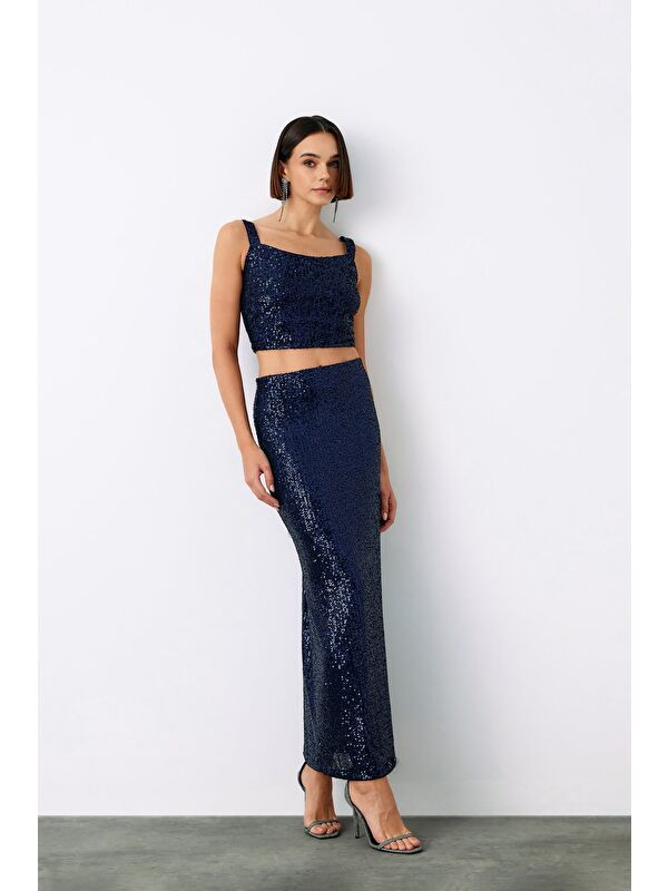 SATEEN Karolin Midi Etek - Lacivert