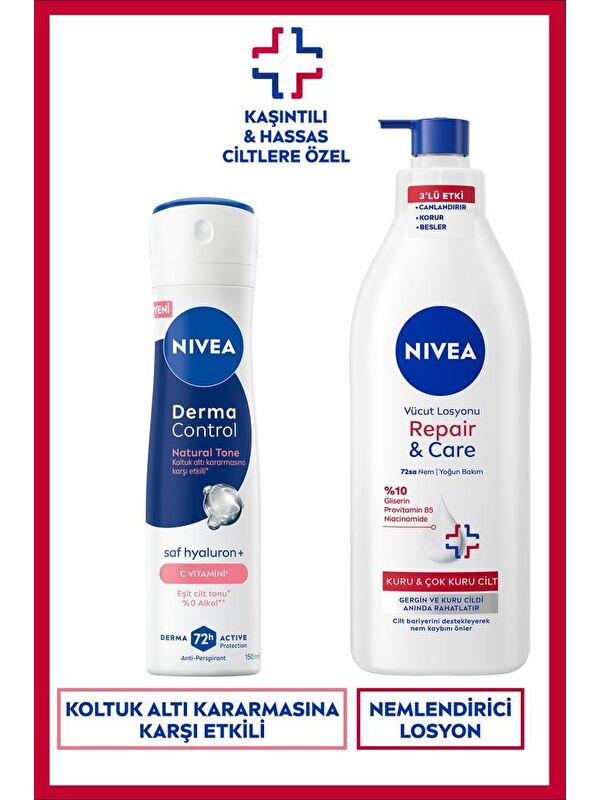 NIVEA Kadın Sprey Deodorant Derma Control Natural Tone 150ml ve Repair&Care Nemlendirici Vücut Losyonu