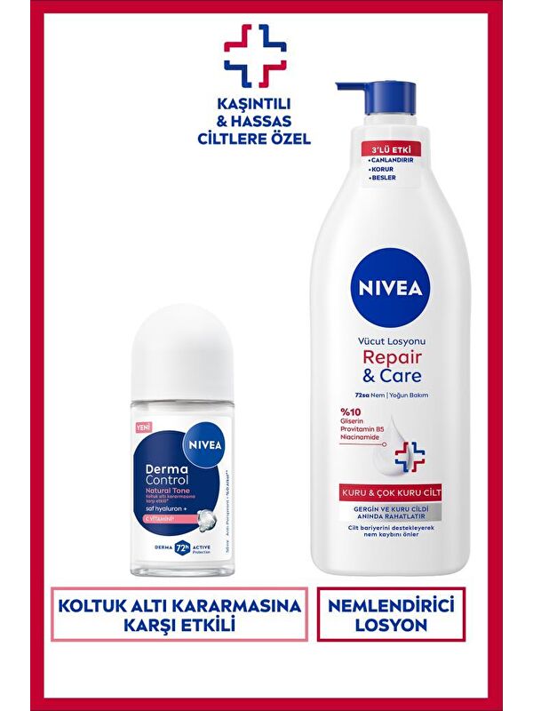 NIVEA Kadın Roll-on Deodorant Derma Control Natural Tone 50ml ve Repair&Care Nemlendirici Vücut Losyonu