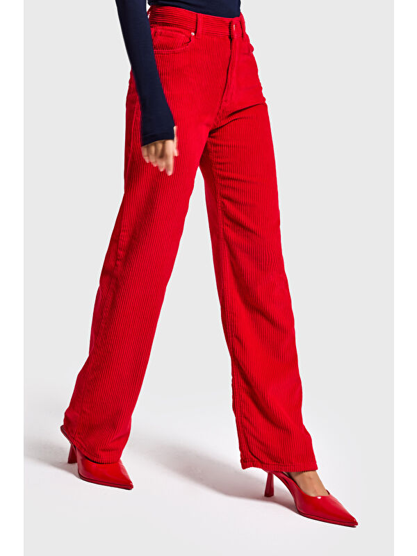 It's Basic Kadın Kırmızı Doris 26w5-19 Straight Fit Yüksek Bel Kalın Fitilli Kadife Velvet Kumaş Pantolon