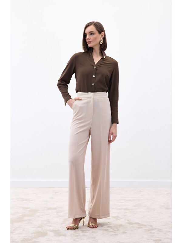 SATEEN Palazzo Krep Pantolon - Taş