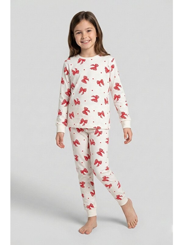 ZUZUNGA Ekru Renk Kırmızı Fiyonk Baskılı Kız Çocuk Pijama Takımı