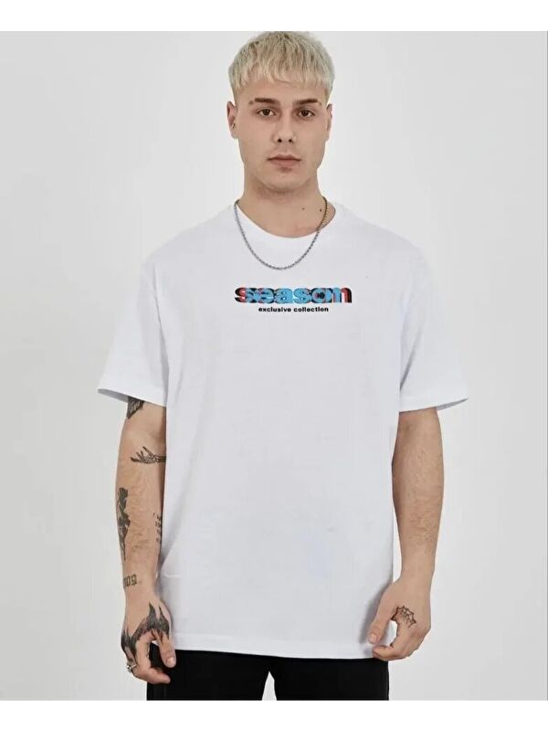 Jane's Unisex Bisiklet Yaka Baskılı Oversize T-Shirt - Beyaz