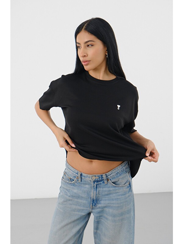 Shooter Sportswear Siyah Kadın Oversize Boxy T-Shirt Bisiklet Yaka Rahat Kalıp Tişört
