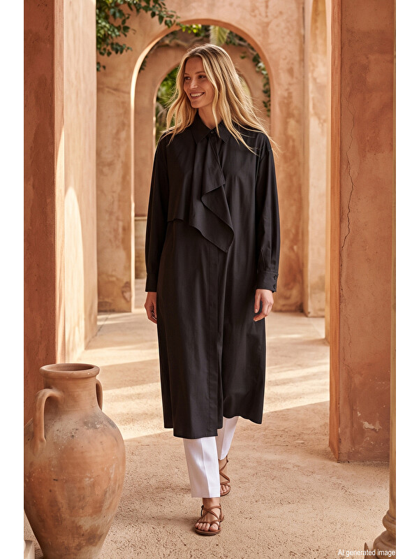 Remsa Levidor Yarım Kapak Detay Kuşaklı Gömlek 540122 Siyah