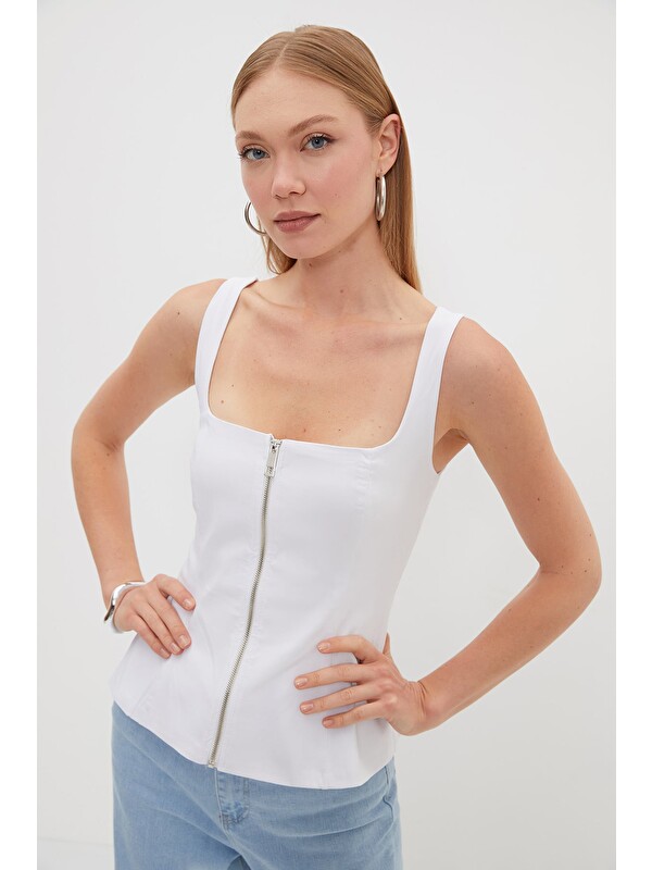 Fullamoda Fermuarlı Kalın Askılı Peplum Bluz