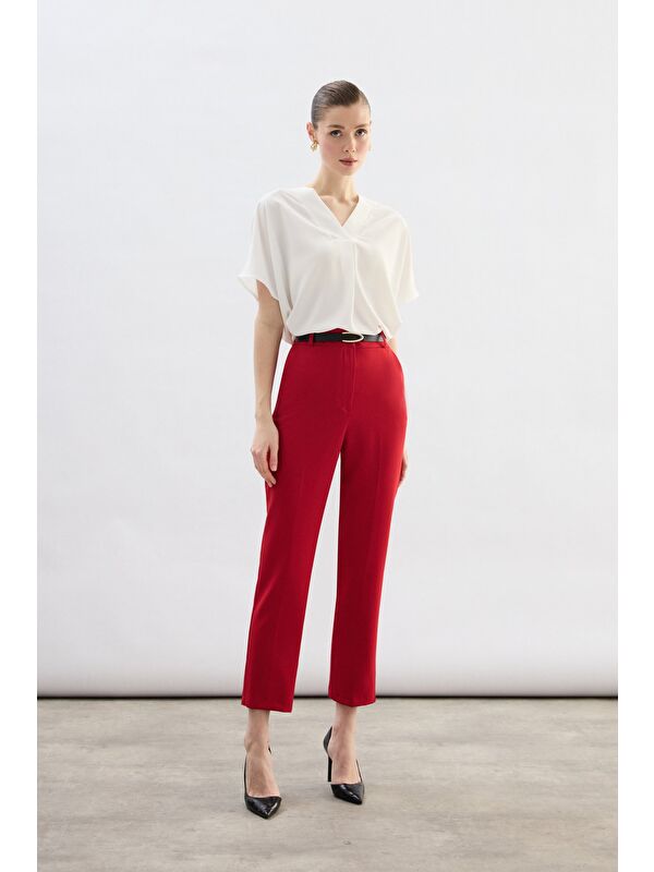 SATEEN Kemerli Pantolon - Kırmızı