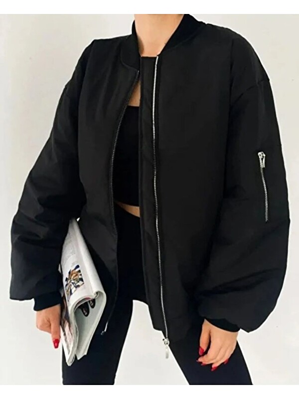 ginger love Kadın Oversize Şişme Bomber Ceket – Fermuarlı Siyah Kolej Yaka