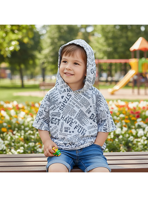 Bonbon Çocuk Kapüşonlu Baskılı Beyaz Renk Tshirt Cb1026