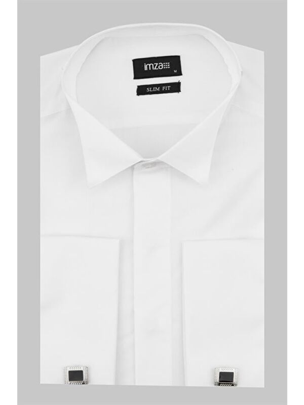 İMZA Beyaz Uzun Kol Ata Yaka  Slim Fit Dar Kesim Basic Gömlek 1004220060